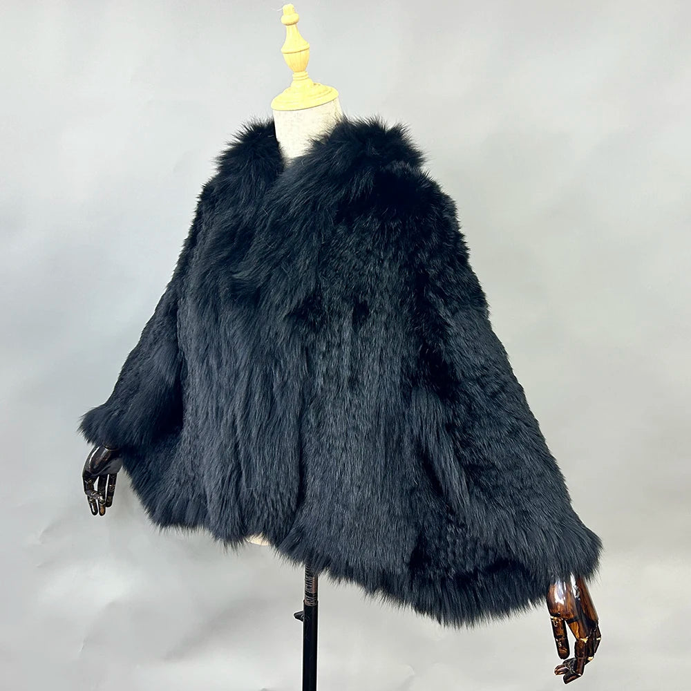 New Real Genuine Natural Knitted Rabbit Fur Shawl Coat With Fox Fur Collar Women's Fashion Knit Jacket Cape - Matrix Studios