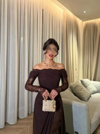 Coffee Big Swing Lace Evening Dress Elegant Off Shoulder Kaftan Prom Gown Abaya Sexy Side Slit Popular Formal Party Wear - Matrix-studios.com