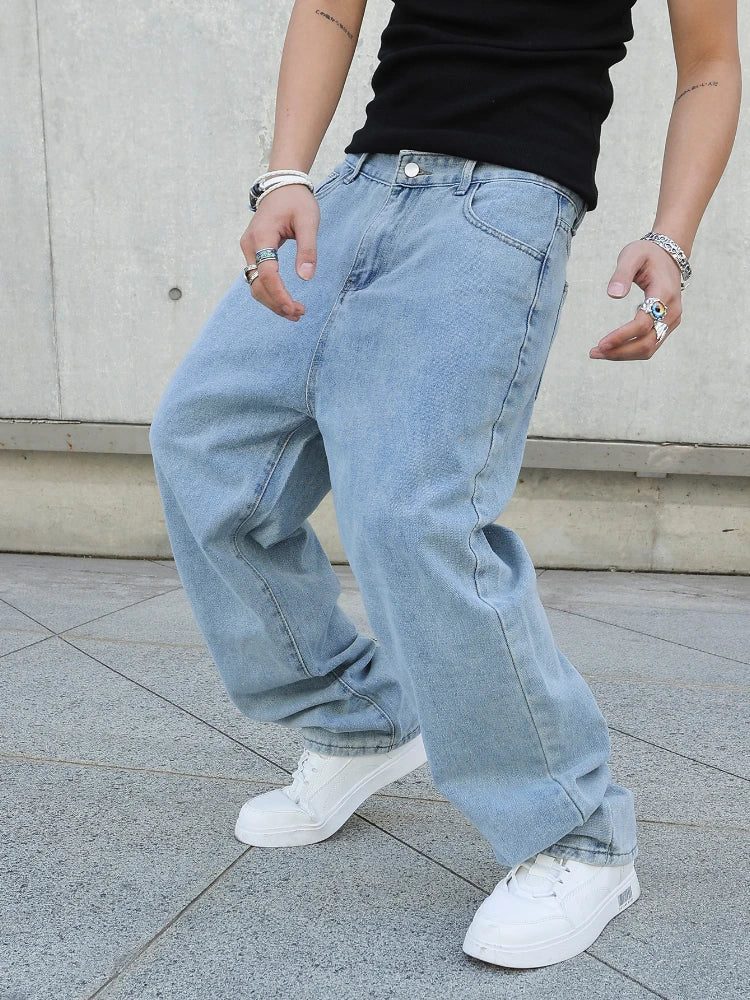 Spring Autumn Men Baggy Jeans Oversize Straight Loose Casual Denim Trousers Solid Color Streetwear Fashion Y2k Wide Leg Pants - Matrix Studios