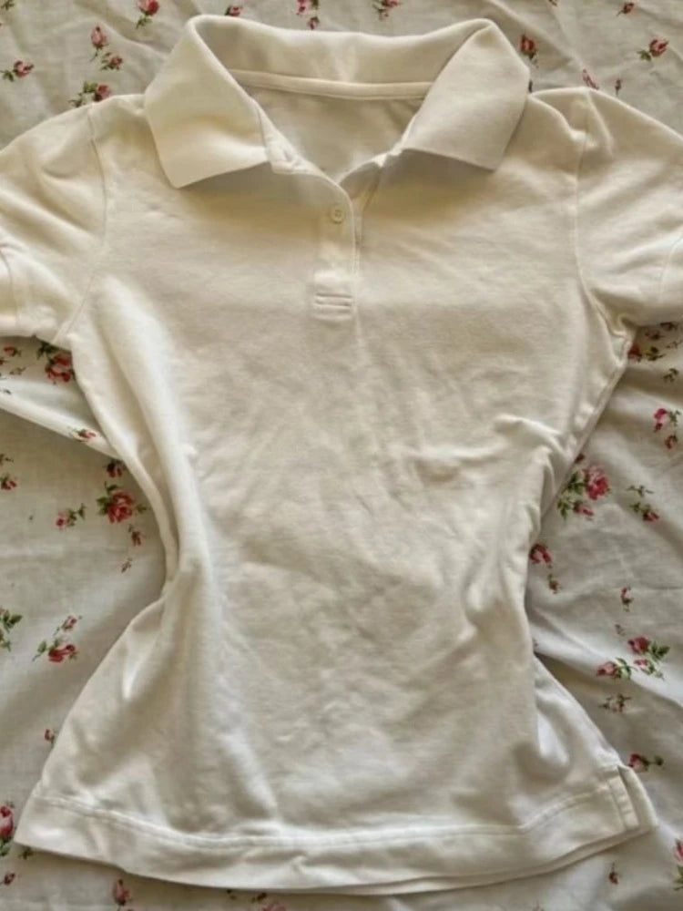 HOUZHOU Vintage White T-Shirts Women Casual Polo Collar Solid Short Sleeve Tees American Retro Summer Basic T-Shirts Slim Up - Matrix-studios.com