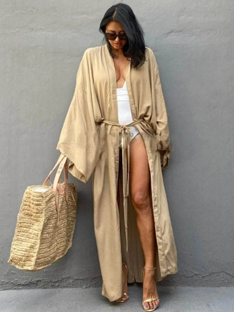 Solid Beach Cover Up Women Self Belted Wrap Kimono Dress Swimsuit 2025 New Robe Summer Beachwear Factory Supply - Matrix-studios.com