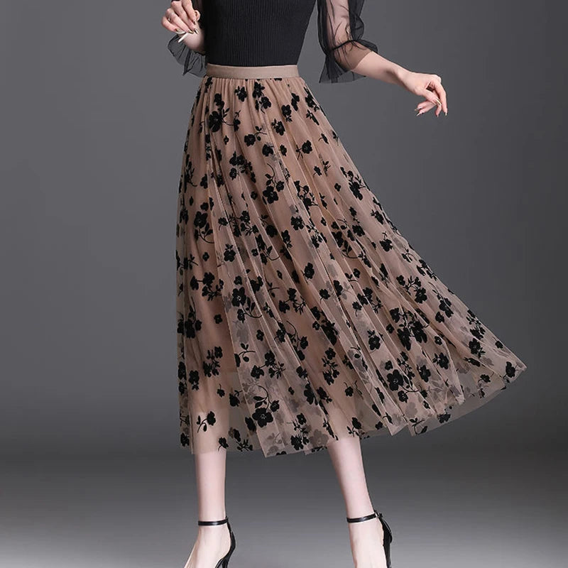 Korean Women Tulle Skirt Fashion Summer Hook Floral Loose Midi Skirt Elegant Female Casual All Match Mesh Skirts New - Matrix-studios.com