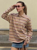 Wolfeel  Women's Vintage Inspired Retro Striped Polo Collar Oversized Drop Shoulder Long Sleeve  T-Shirt Trendy  Casual Top - Matrix-studios.com