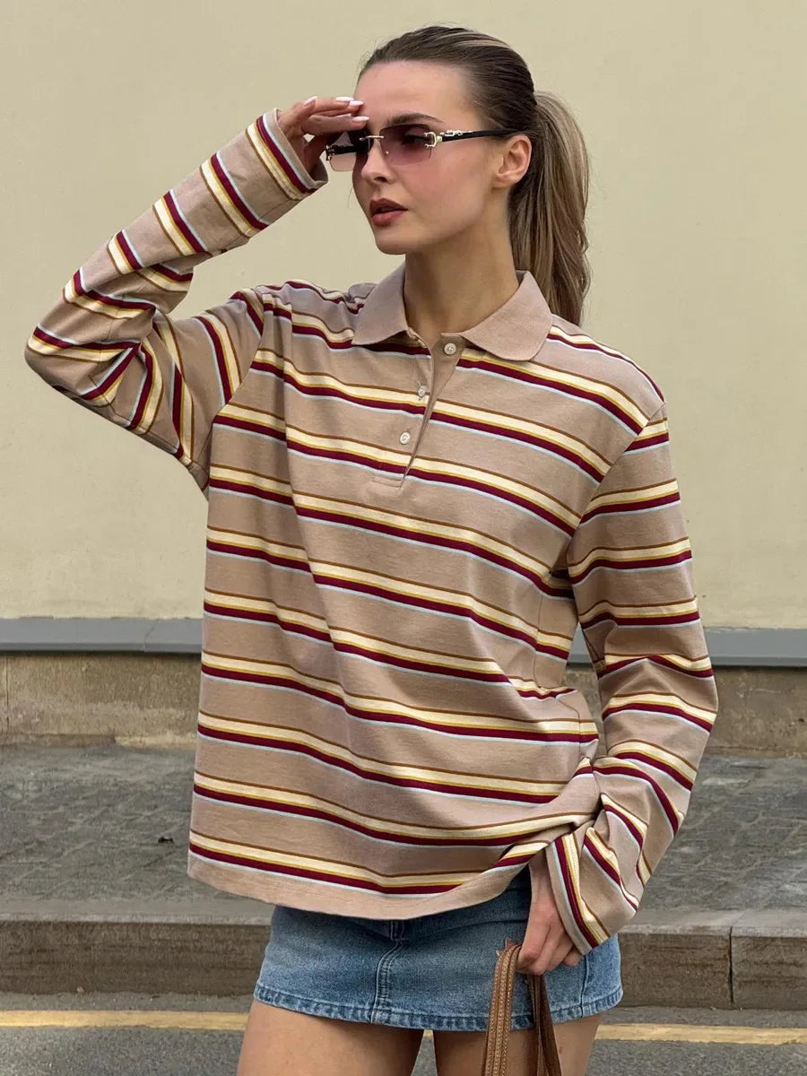 Wolfeel  Women's Vintage Inspired Retro Striped Polo Collar Oversized Drop Shoulder Long Sleeve  T-Shirt Trendy  Casual Top - Matrix-studios.com
