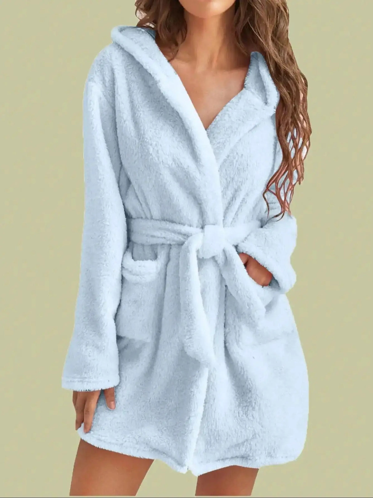 1 piece of women's solid color hooded robe with belt, cozy and warm fleece pajamas for home wear in autumn and winter. - Matrix-studios.com