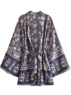 Multi Floral Print Sashes Kimono Women V Neck Batwing Sleeves Happie Bohemian Short Robe  Beach Boho Bikini Cover-ups - Matrix Studios
