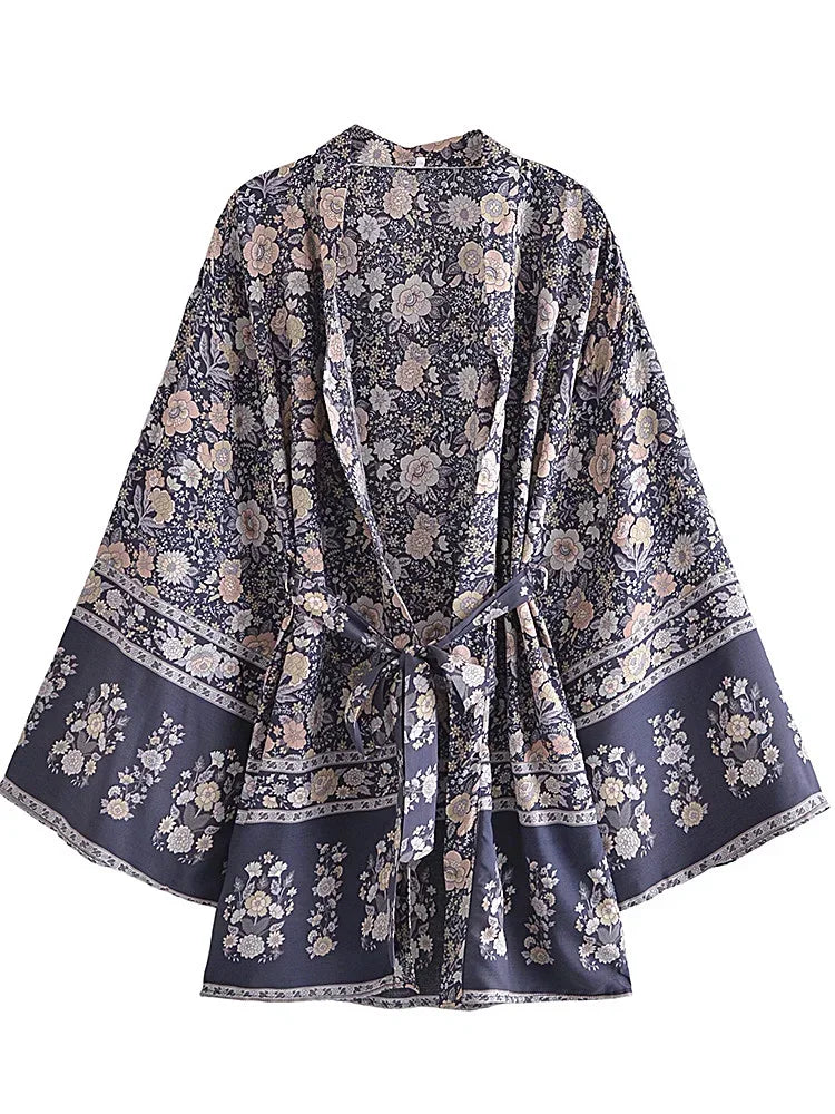 Multi Floral Print Sashes Kimono Women V Neck Batwing Sleeves Happie Bohemian Short Robe  Beach Boho Bikini Cover-ups - Matrix Studios