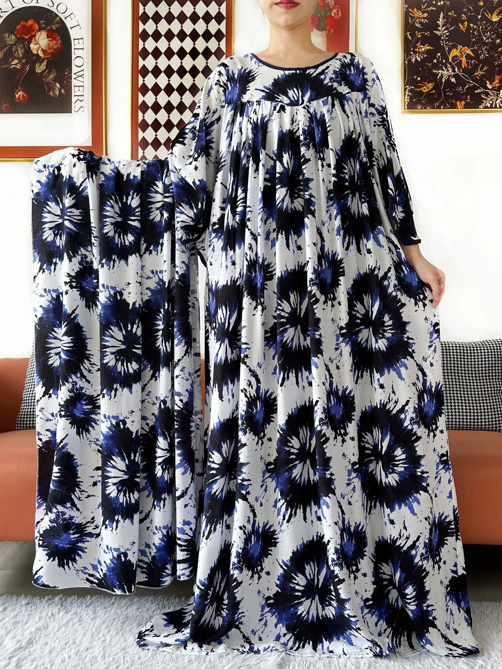 2025 New Loose Floral Dress Short Sleeve Cotton Women Abaya with Big Scarf Boho Maxi Dress Casual Fashion Dress African Vestidos - Matrix-studios.com