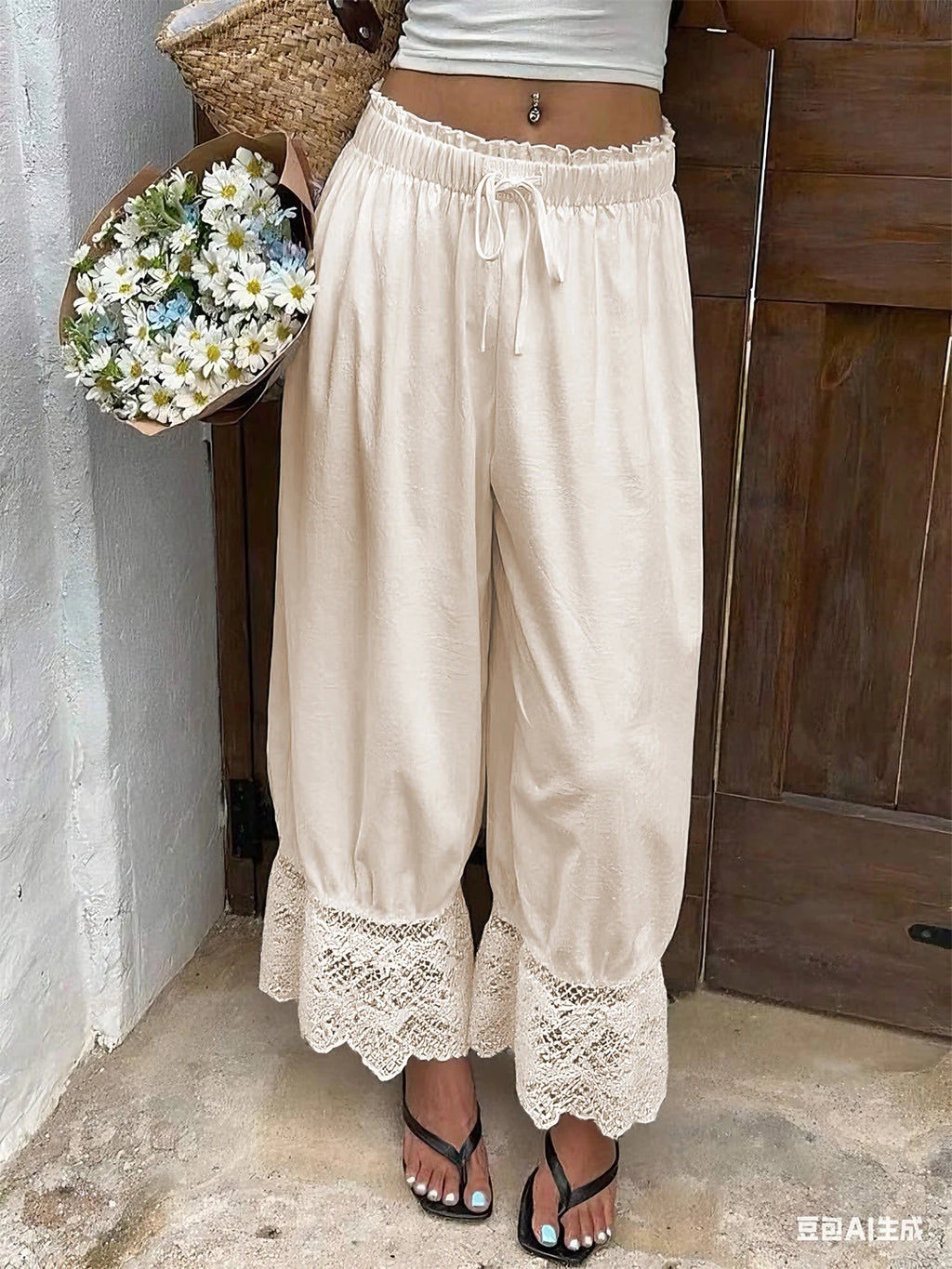 Womens Wide Leg Pants White Polyester Lace Trim Hem Casual Loose Fit Summer Trousers Wide Leg Pants - Matrix-studios.com
