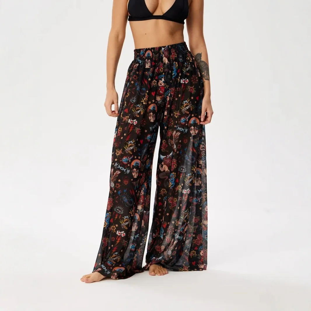 Women Mesh Ruffle Trim Cover Up Pants Beach Cover Up Cover Ups For Swimwear Beach Ruffle Pants 2025 Summer Pants - Matrix Studios