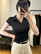 Cotton Summer Sexy Women's T Shirt Skinny Slim Basic Solid Crop Top Short Sleeve Polo TShirtCasual Top Tee for Women - Matrix-studios.com