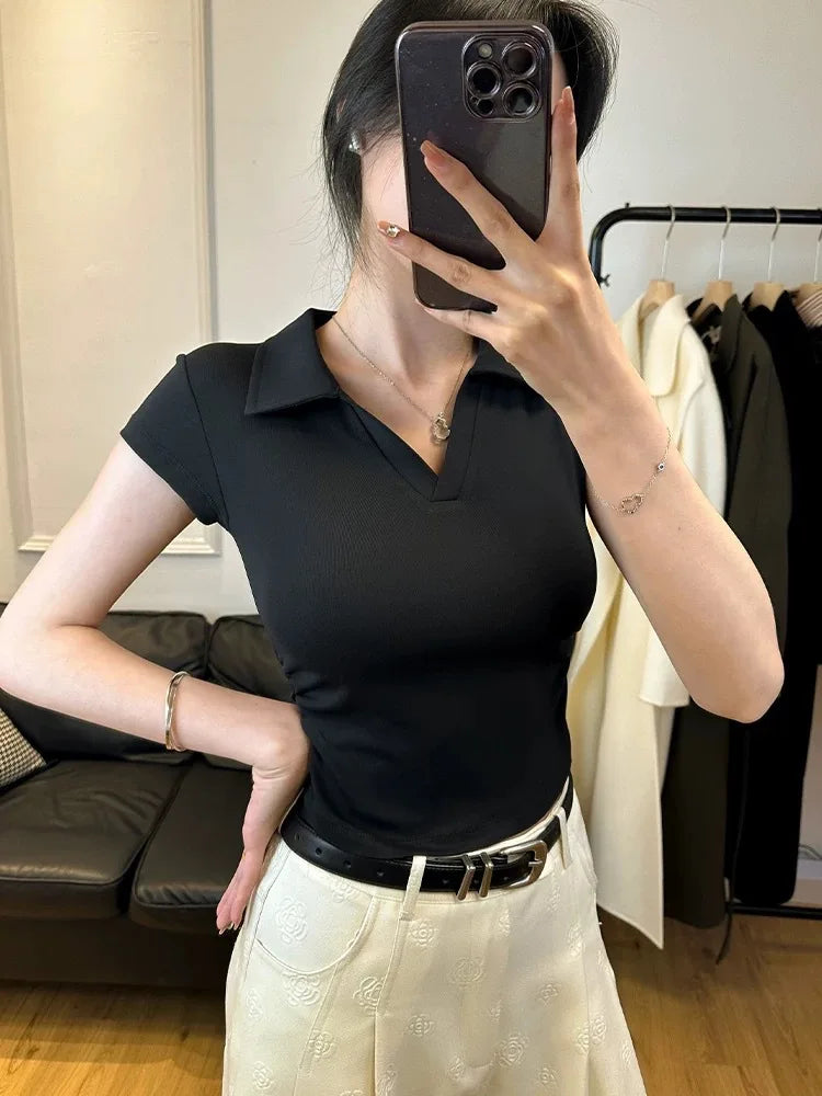 Cotton Summer Sexy Women's T Shirt Skinny Slim Basic Solid Crop Top Short Sleeve Polo TShirtCasual Top Tee for Women - Matrix-studios.com