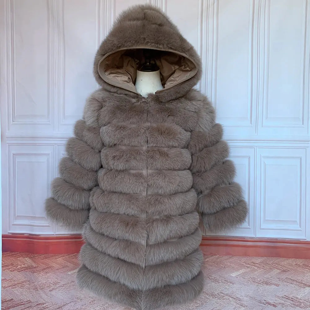 QUEENTINA Hood Fur Coat Women Real Fox Long New Luxury Female Natural Leather Jacket Warm Thick Long Winter Fur Vest Waistcoat - Matrix Studios