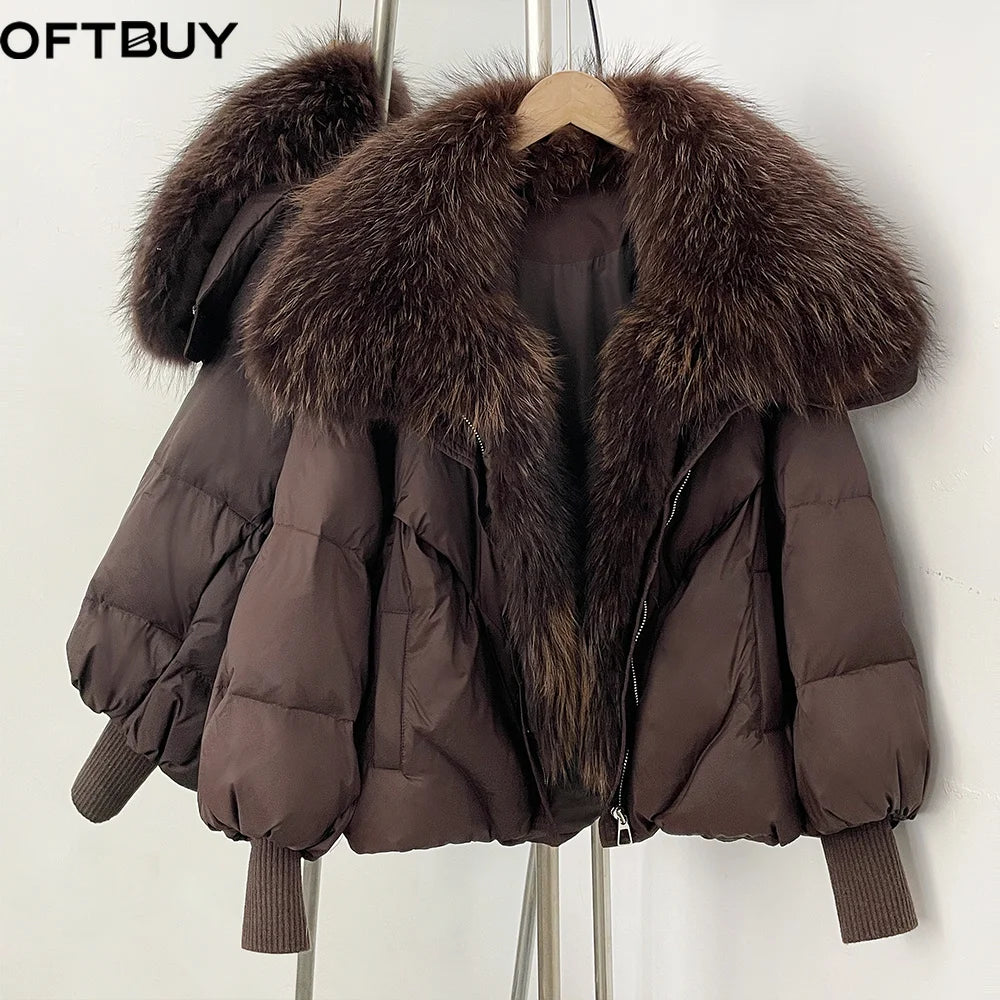 OFTBUY New Winter Large Real Fox Raccoon Fur Puffer Coat Women Oversized Feather Down Parka Knit Sleeve Duck Down Jacket Female - Matrix Studios