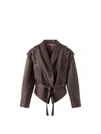 Mauroicardi Spring Autumn Short Retro Brown Pu Leather Jacket Women Sashes Lace Up Luxury Designer Emo Clothes European Fashion - Matrix Studios