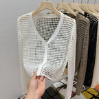 Single Button Crochet Mesh Cardigan for Women Semi Sheer Openwork Sunscreen Jacket Cover Up Summer Hollow-out Knitted Cardigan - Matrix Studios