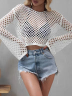 Mesh Crochet Beach Shirt Women Solid Cover Up Ladies Long Sleeve Tops 2026 Sexy Beachwear Bathers Swim Bathing Suit - Matrix Studios
