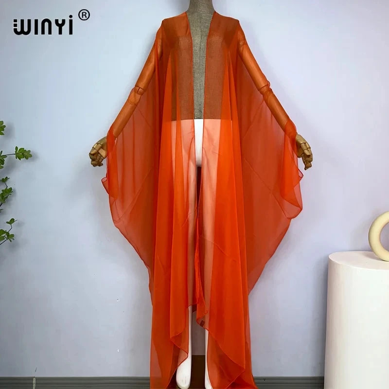 WINYI Beach Sexy Cover Ups for Swimwear Women Kimono Swimsuit Cape Summer Dress 2023 Beachwear Monochrome Perspective Yarn Dress - Matrix Studios