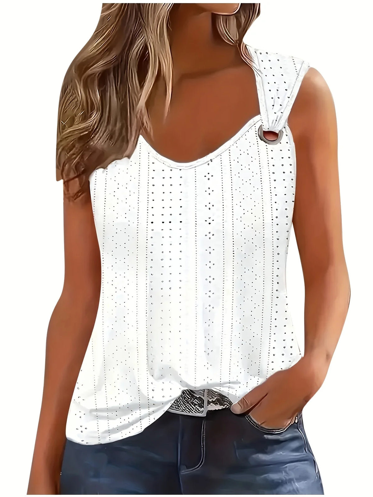 Women's Eyelet Embroidery Tank Top Symmetrical Straps with Buckle V Neck Casual Sleeveless Cami Tops - Matrix-studios.com