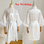 White Bride Wedding Robe with Feathers Women Satin Peignoir Sexy Bridesmids Kimono Gowns Short Bathrobe Bridal Intimate Lingerie - Matrix-studios.com