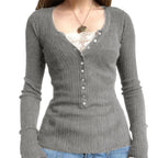 Women Button Front Knit Tops Long Sleeve Lace Patchwork Slim Fit Sweater Fall Fairy Grunge Gothic Y2K Clothes - Matrix Studios
