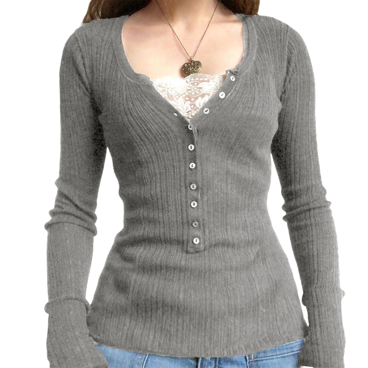Women Button Front Knit Tops Long Sleeve Lace Patchwork Slim Fit Sweater Fall Fairy Grunge Gothic Y2K Clothes - Matrix Studios
