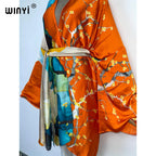 2022 WINYI Summer Beach Wear Swim Suit Cover Kaftan Sweet Lady Boho Cardigan Stitch Self Belted Sexy Holiday Long Sleeve Kimono - Matrix Studios