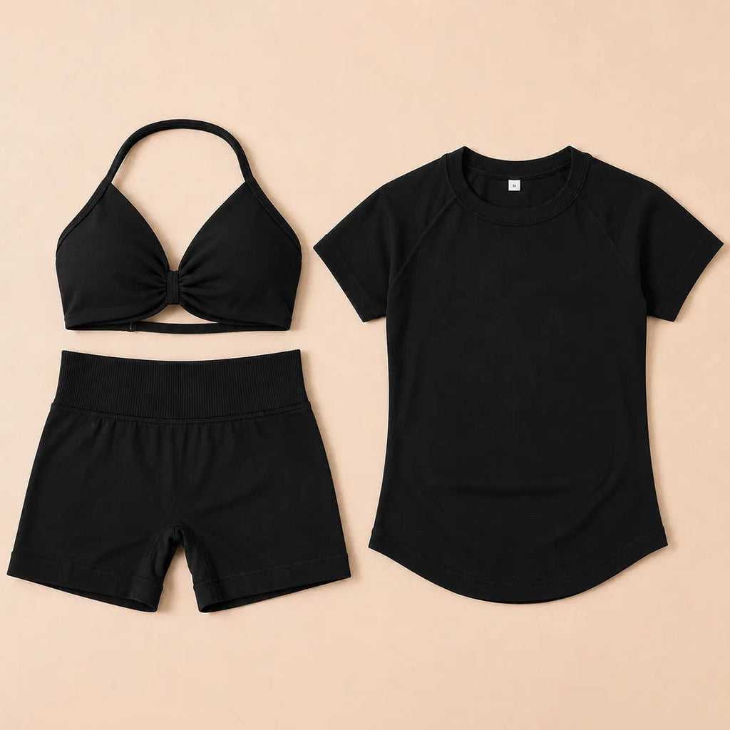 3 Pieces Gym Set Woman Seamless Short Sleeve Top Scrunch Gym Shorts Sport Strappy Bra Bodysuit Workout Suits Gym Clothes - Matrix-studios.com
