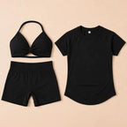 3 Pieces Gym Set Woman Seamless Short Sleeve Top Scrunch Gym Shorts Sport Strappy Bra Bodysuit Workout Suits Gym Clothes - Matrix-studios.com