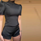 New Satin Lace Edge Top Short Sets For Women High Neck Padded Shoulder Blouse Low Waist Shorts 2026 Lady Spring Summer Outfits - Matrix-studios.com