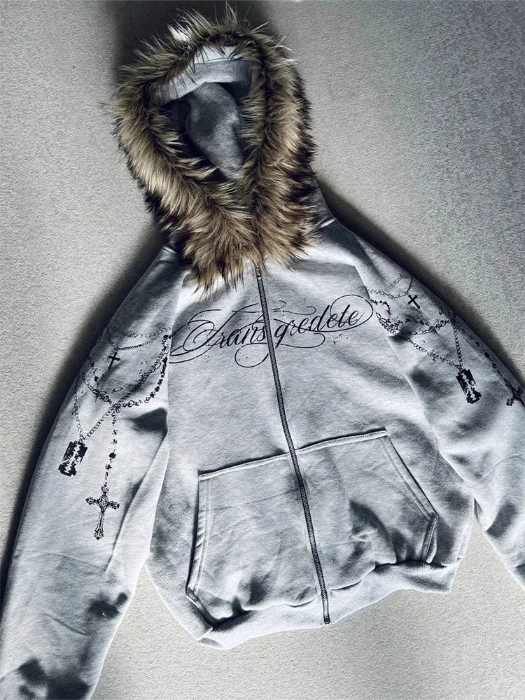 Winter Fashion Streetwear Women's Gothic Punk Faux Fur Hooded Jacket With Cross Print Trendy Edgy Zip - Up Sweatshirt 2026 New - Matrix Studios