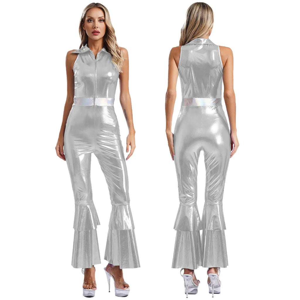 Womens 70S Disco Vintage Jumpsuit Metallic Shiny Flare Sleeve Bodysuit Hippie Bell Bottom Jazz Dance Carnival Rave Party Costume - Matrix Studios