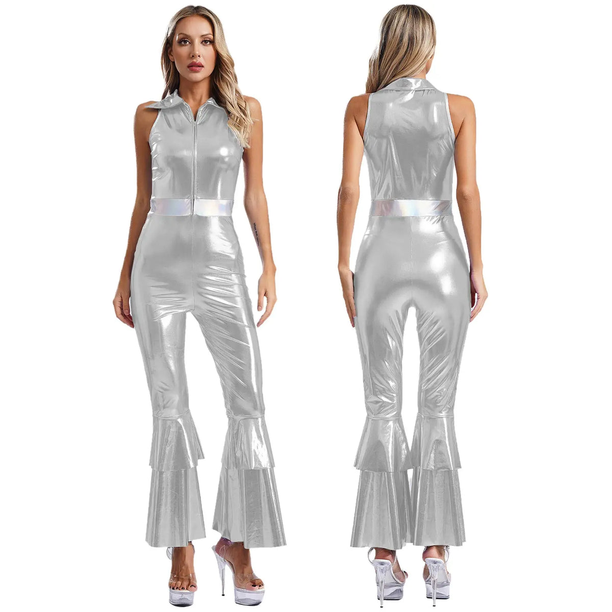 Women Vintage One Piece 70s Disco Dance Rompers Sleeveless Metallic Bell Bottom Flared Pants Jumpsuit for Retro Party Jazz Dance - Matrix Studios