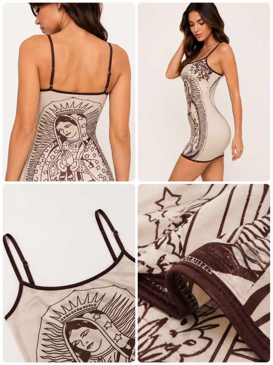 Women Bodycon Mini Dress Adjustable Spaghetti Straps Virgin Mary Floral Print Contrast Trim Cami Dress Club Nightout Party Short Dresses - Matrix-studios.com