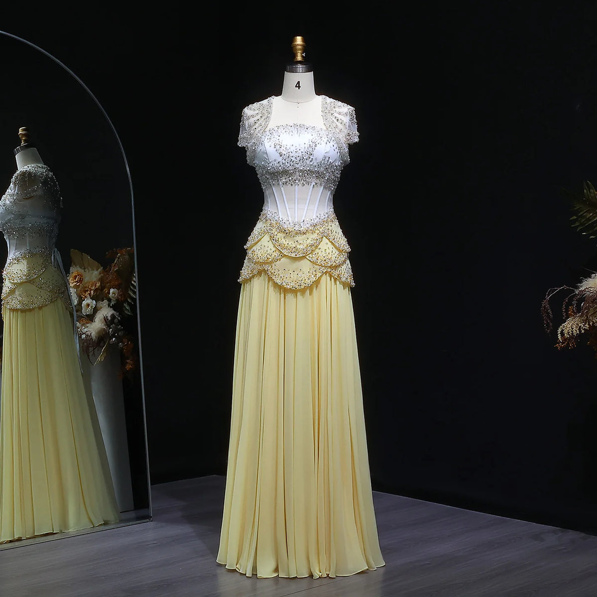 Sharon Said Elegant White and Yellow Chiffon Corset Celebrity Evening Dress with Jacket Flare Sleeves Luxury  SS286 SSCustomize - Matrix Studios