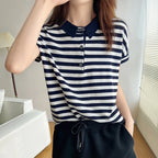 100% pure cotton short sleeved T-shirt women's summer Korean version new polo collar striped knitted sweater loose top - Matrix-studios.com