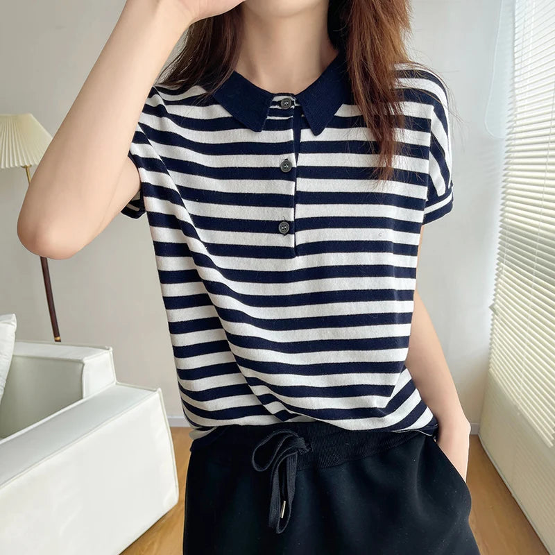 100% pure cotton short sleeved T-shirt women's summer Korean version new polo collar striped knitted sweater loose top - Matrix-studios.com