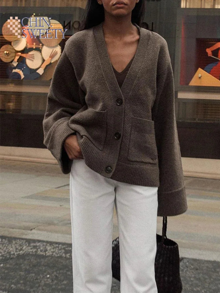 Autumn Women's Cropped Cardigans V-neck Knitted Sweater Coat Long Sleeve With Pocket Casual Streetwear 2025 New Outwear Fashion - Matrix Studios