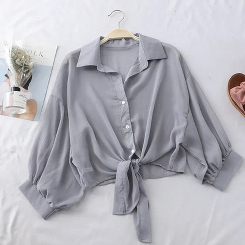 Casual Loose Hollow White Clothes Elegant Solid Color Tied Waist Blouse Women Summer Bat Half Sleeve Button Chiffon Shirt - Matrix-studios.com