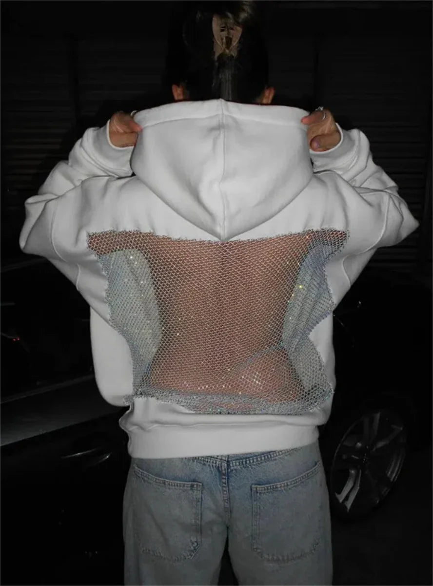 Women's Fashion Translucent Pullover Sweatshirt American Gothic Sexy Hollow Mesh Hoodie Y2K Clothes Casual Long Sleeves Jacket - Matrix Studios