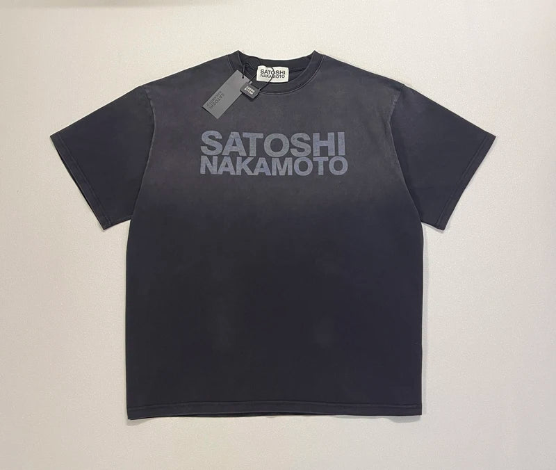 Classic Letter Print Summer Basics Tees Cotton SATOSHI Tshirt Hiphop Street Washed Black Holes Round Neck Short Sleeve Men Women - Matrix-studios.com