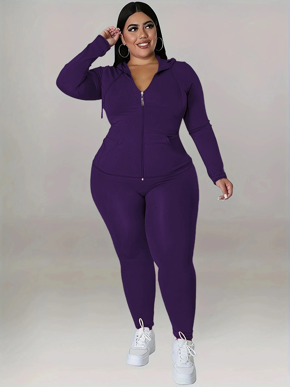 Soft Stretch Solid Color Curvy Athleisure Outfit, Zip Hoodie Tracksuit With Joggers, Comfortable Casual Oversized Matching Set, Versatile All Seasons Wear For Yoga Daily Party Streetwear Activities - Matrix-studios.com