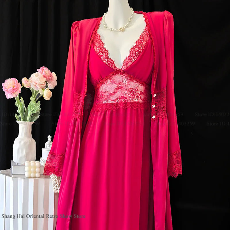 New Female Long Robe Nightgown Set Sexy Lace Trim Sleepwear Suspender Nightdress Spring Summer Casual Satin Home Dress Bathrobe - Matrix-studios.com