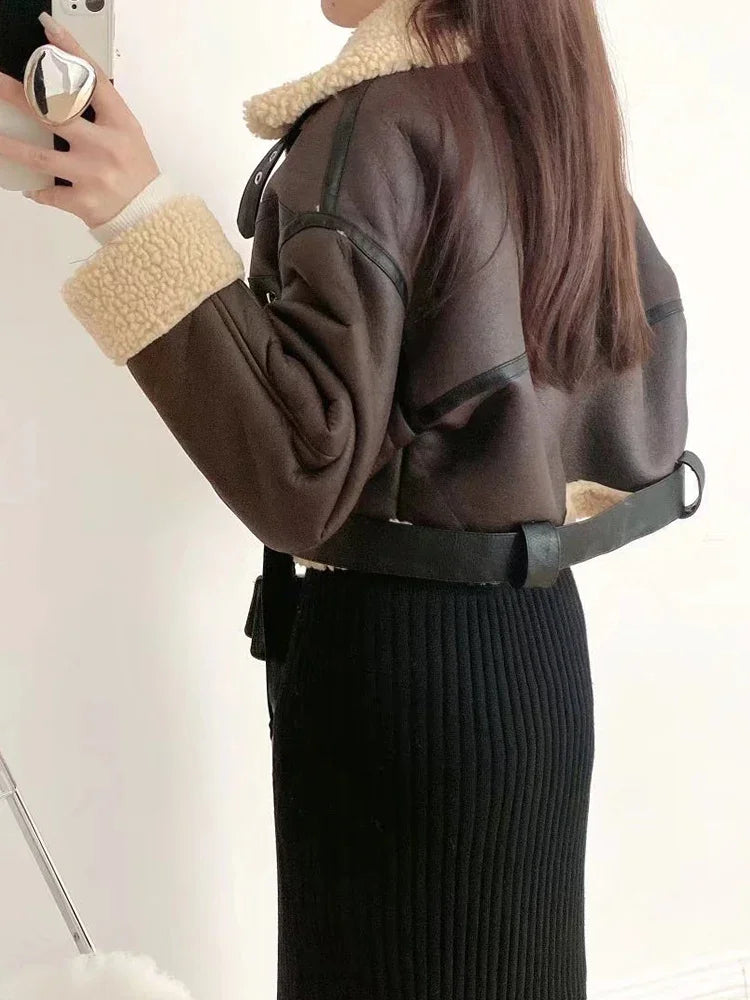 Ailegogo Winter Women Streetwear Faux Lamb Leather Fur Short Jacket with Belt Moto Biker Thick Warm Sheepskin Coat Outwear - Matrix Studios