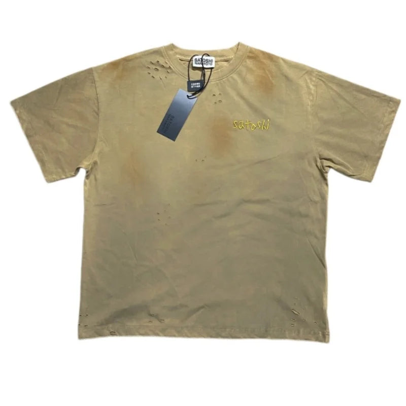 Good Quality Damaged Hole Oversized Tee Logo Embroidery Satoshi T-Shirt Washed Brown Black T Shirt Man - Matrix-studios.com