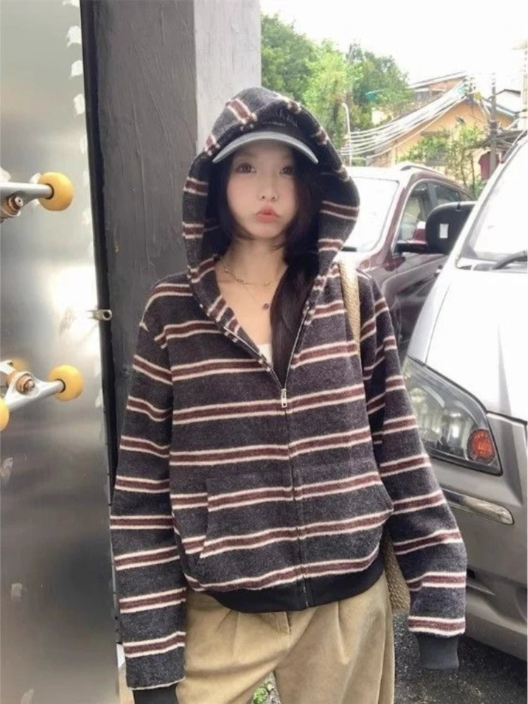 2000S American Vintage Striped Loose Long Sleeve Hooded Sweatshirt Y2k Subculture Casual Zip Up Hooded Cardigan Harajuku Coats - Matrix Studios