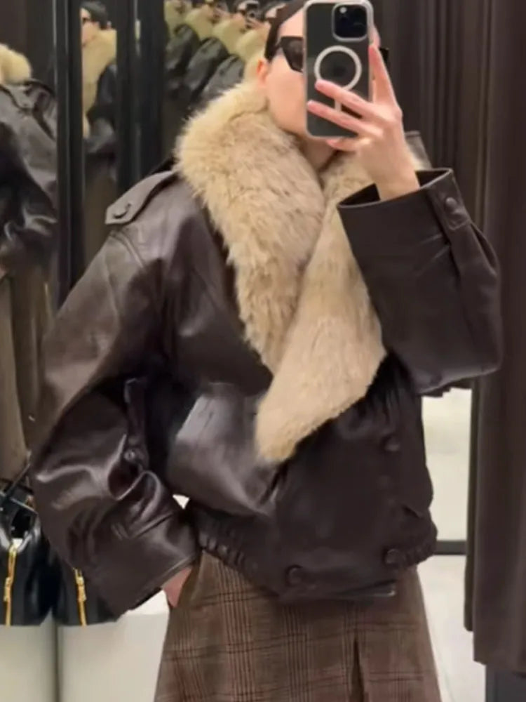 Women Vintage Fur Collar Leather Jacket Lapel V-neck Full Sleeve Double Breasted Bomber Jackets Lady Winter High Street Outwears - Matrix Studios
