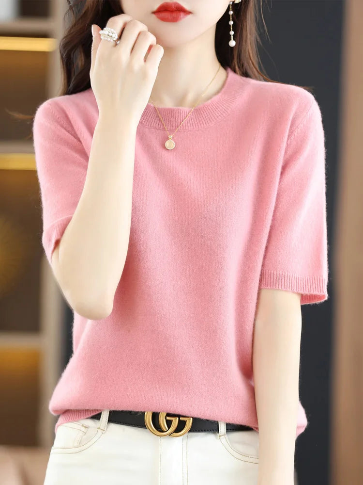 New Short-sleeved Knitwear Women O-neck T-shirt Wool Cotton Blend Pullover Vest Sprig Summer Bottoming Tops Sweater Solid Soft - Matrix Studios