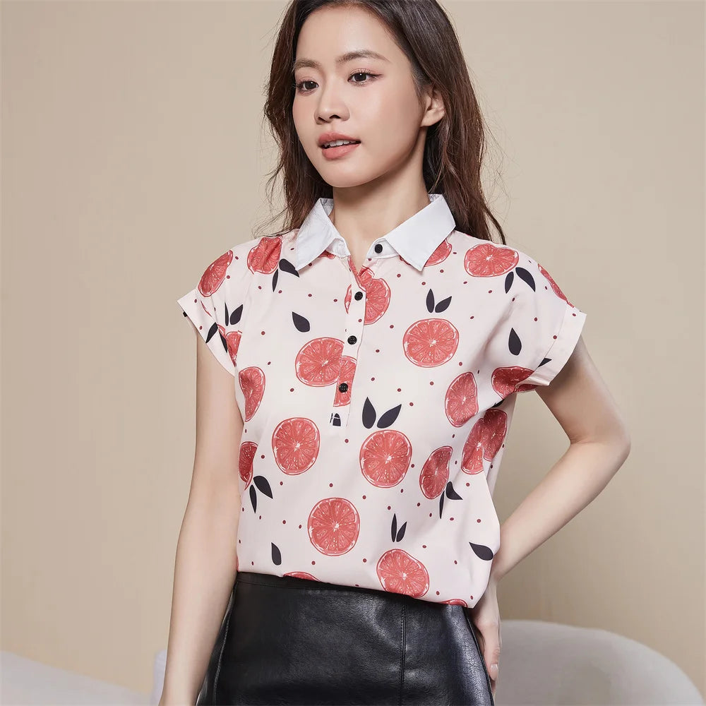 Women Spring Summer Style Chiffon Blouses Shirt Lady Casual Short Sleeve Turn-down Collar Printed Casual Loose Tops DF3548 - Matrix-studios.com