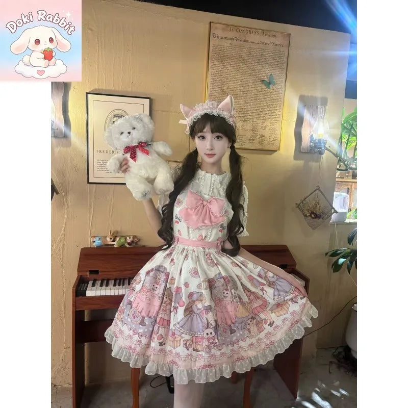 Summer Y2K Harajuku Japanese Subculture Kawaii 2 Piece Set Women's Short Sleeve Bow Printed Dress + Lace Mini Skirt Sweet Outfit - Matrix-studios.com